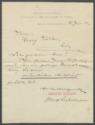Brief von Max Liebermann [Berliner Secession] an Georg Kolbe