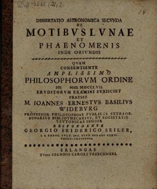 Dissertatio Philosophico-Astronomica De Motv Terrae Et Phaenomenis Inde Orivndis, Dissertatio Astronomica Secvnda