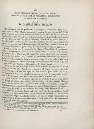 Sulla memoria inedita di Pietro Maggi intorno ai principii di meccanica molecolare di Ambrogio Fusinieri.