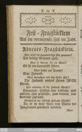 Fest-Fragstücklein Auf die vornehmste Fest im Jahr.