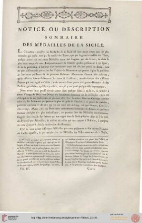 Notice ou desription sommaire des médailles de la Sicile