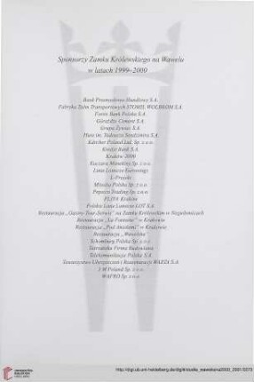 Sponsorzy Zamku Królewskiego na Wawelu w latach 1999-2000
