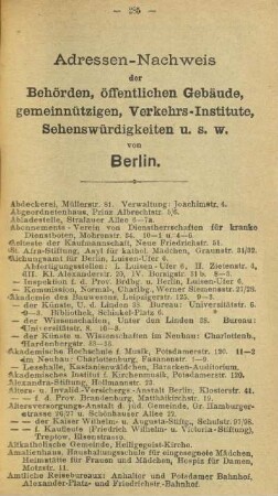 Adressen-Nachweis der Behörden, öffentlichen Gebäude, gemeinnützigen, Verkehrs-Institute, Sehenswürdigkeiten u. s. w. von Berlin