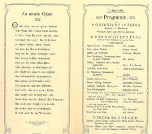 Programm des Frauenvereins zu einer Aufführung des Lustspiels "Das Recht der Frau" (von Ludwig Fulda)