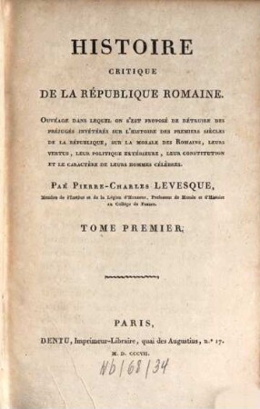 Histoire critique de la république Romaine. 1