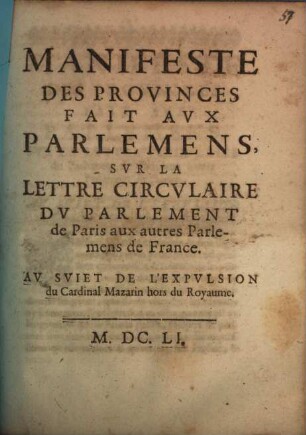 Manifeste des provinces fait aux parlements sur la lettre circulaire du parlement de Paris