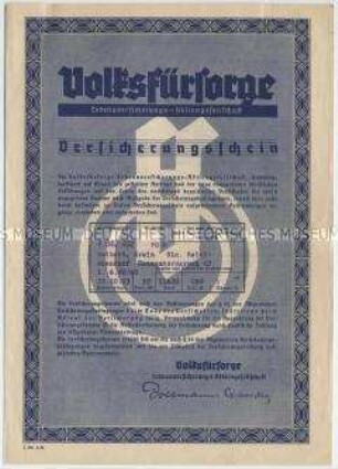 Versicherungsschein der Volksfürsorge Lebensversicherungs AG