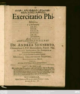 Exercitatio Philologica e Literatura Graec: Hebr: Chald: Syriac: Arab: Aethiop: