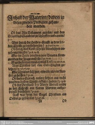 Inhalt der Materien, davon in diesen zweyen Predigten gehandelt worden