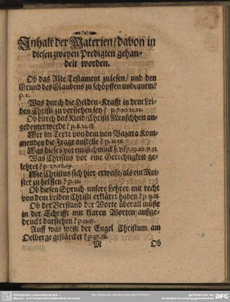 Inhalt der Materien, davon in diesen zweyen Predigten gehandelt worden