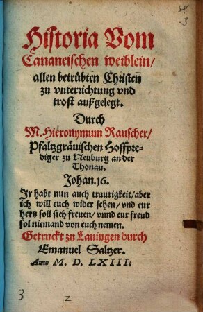Historia Vom Cananeischen weiblein : allen betrübten Christen zu vnterrichtung vnd trost außgelegt