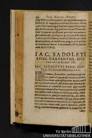 Iac. Sadoleti Episc. Carpentor. Epistolarum Liber IX. Iac Sadoletus Episc. Carp. Paulo III. Pontifici Maximo S.P.D.