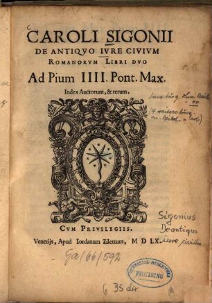 Caroli Sigonii De Antiqvo Ivre Civivm Romanorvm Libri Dvo : Ad Pium IIII Pont. Max., index auctorum et rerum