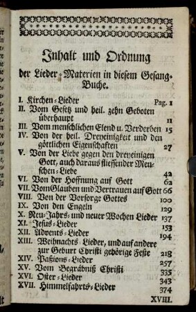 Inhalt und Ordnung der Lieder-Materien in diesem Gesang-Buche.