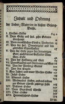 Inhalt und Ordnung der Lieder-Materien in diesem Gesang-Buche.