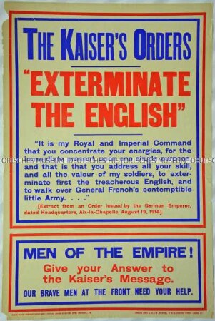 Britisches Propagandaplakat gegen einen Befehl des Deutschen Kaisers bezüglich der Vernichtung des Vereinigten Königreichs von Großbritannien und Nordirland