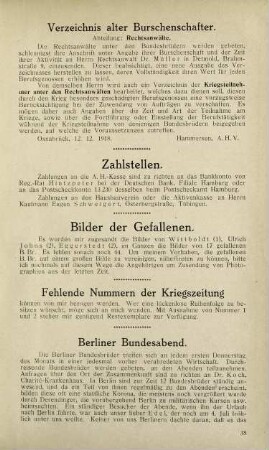 35, Verzeichnis alter Burschenschafter, Zahlstellen, Bilder der Gefallenen, Fehlende Nummern der Kriegszeitung, Berliner Bundesabend