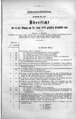 Übersicht der in der Sitzung gefaßten Beschlüsse u.s.w. (337.), 26. Juni 1907