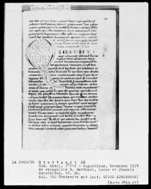 Augustinus, Sermones 64 de evangeliis Sancti Matthaei, Lucae et Joannis — Initiale Q(UOD ADMONEMUR), Folio 100recto