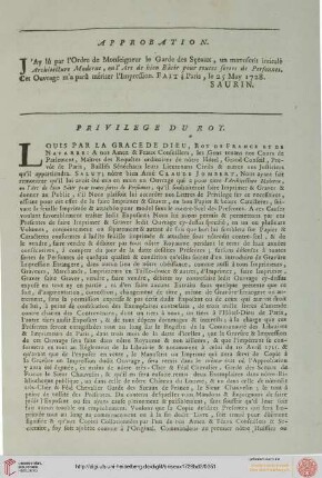 Approbation. Privilege du Roy.