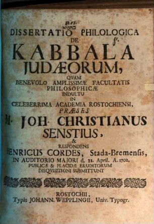 Dissertatio philologica de kabbala Judaeorum