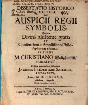 Diss. hist. pol. de auspicii regii symbolis