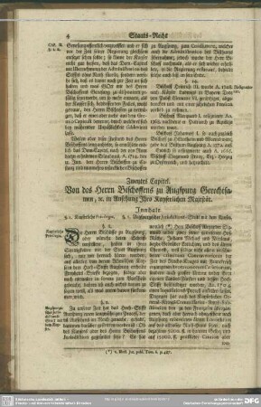 Zweytes Capitel. Von des Herrn Bischoffens zu Augspurg Gerechtsamen, [et]c. in Ansehung Ihro Kayserlichen Majestät
