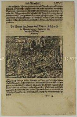 Ritter ziehen durch das Stadttor (Seite LXVII aus dem Turnierbuch/2. Teil)