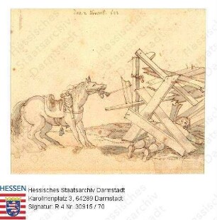 Jagd, Niddaer Sauhatz / Bild 70: Scheuendes Pferd und eingestürztes Holzgestell / unter zusammengebrochenem Holzpodest zur Pferdebesteigung liegender Reiter, daneben stehend: Pferd