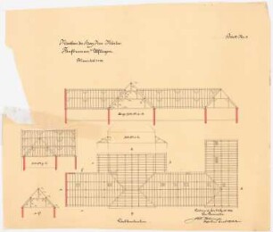 Herz Jesu Kloster, Fünfbrunnen (Cinqfontaines): Grundriss und Schnitte der Dachkonstruktion 1:100