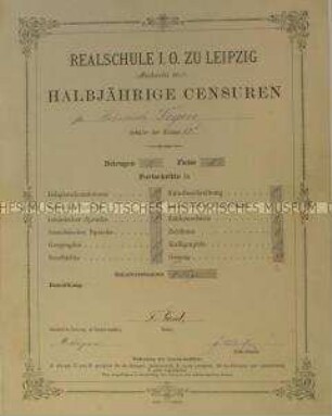 Schulzeugnis der Realschule I. O. Leipzig für Ernst Heinrich Degen, Klasse VIb; Michaelis 1880