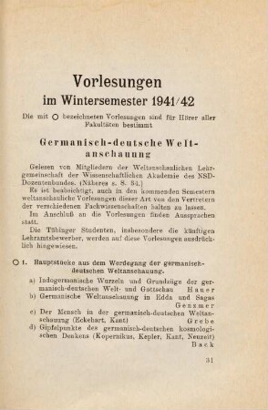 31-64, Vorlesungen im Wintersemester 1941/42