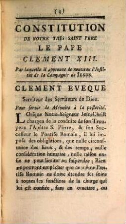 Constitution de notre tres-saint pere le pape Clement XIII. par laquelle il approuve de nouveau l'institut de la Compagnie de Jesus