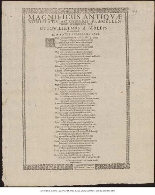 Magnificus Antique Nobilitatis Ac Generis Praecellentioris Splendore Vir Otto Wilhelmus A Berleps anagramma... Imo Totus Perbellus Vale ... Johannes Boosius ... Quaestor Schmalkaldensis. F