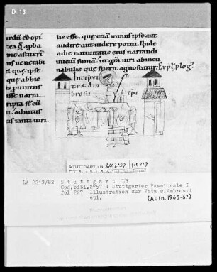 Stuttgarter Passionale — Pars hiemalis (erster Band) — Der heilige Ambrosius an der Wiege eines Kindes, Folio 227recto