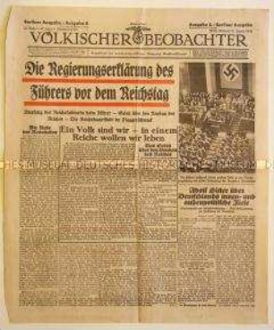 Titelblatt der NS-Tageszeitung "Völkischer Beobachter" zu einer Regierungserklärung Hitlers u.a. zum "Gesetz über den Neubau des Reiches"