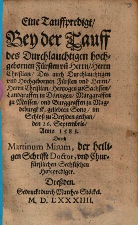 Taufpredigt : 1583 zu Dresden gehalten