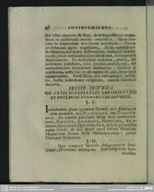 Sectio Secunda. De Fatis Ioviniani Et Erroribus Ipsi Et Ecclesiae Evangelicae Imputatis
