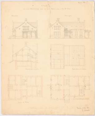 Pächterhaus, Sakrau: Grundriss Keller, Erdgeschoss, Dachgeschoss, Aufriss Vorderansicht, Seitenansicht, Querschnitt, Maßstabsleiste