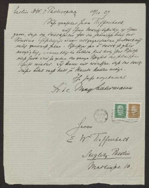 Brief von Max Liebermann (1847-1935) an Eduard W. Tieffenbach (1883-1948), mit Briefumschlag