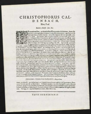 Christophorus Caldenbach, Eloq. Prof. Ejusdem Studiosis Salut. Dic.
