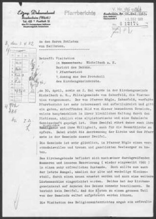 Zaberfeld mit Michelbach/Heuchelberg: Visitationsbericht mit Pfarrbericht Michelbach 1961