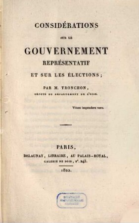 Considérations sur le gouvernement représentatif et sur les élections