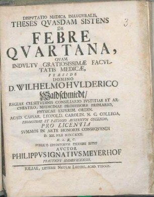 Dispvtatio Medica Inavgvralis, Theses Qvasdam Sistens De Febre Qvartana