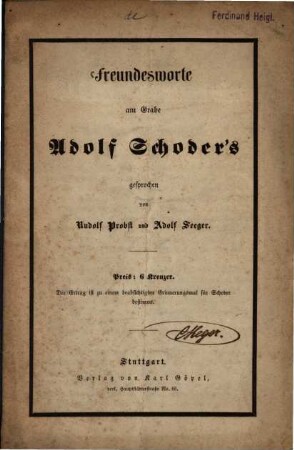 Freundesworte am Grabe Adolf Schoder's gesprochen von Rudolf Probst und Adolf Seeger
