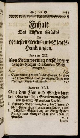 1083-1084, Inhalt des eilfften Stückes der Neuesten Reichs- und Staats-Handlungen