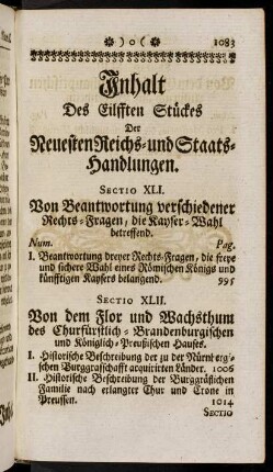 1083-1084, Inhalt des eilfften Stückes der Neuesten Reichs- und Staats-Handlungen