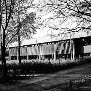 Stormarnhalle: Bürgerpark: vorn Weg, Hecke, Jägerzaun und Bäume