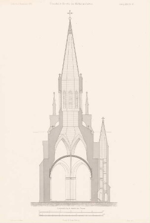 Elisabeth-Kirche, Wilhelmshaven: Schnitt durch den Turm (aus: Atlas zur Zeitschrift für Bauwesen, hrsg. v. G. Erbkam, Jg. 24, 1874)
