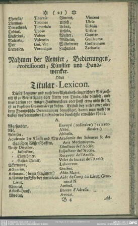 Nahmen der Aemter, Bedienungen, Professionen, Künstler und Handwerkcer. Oder Titular-Lexicon